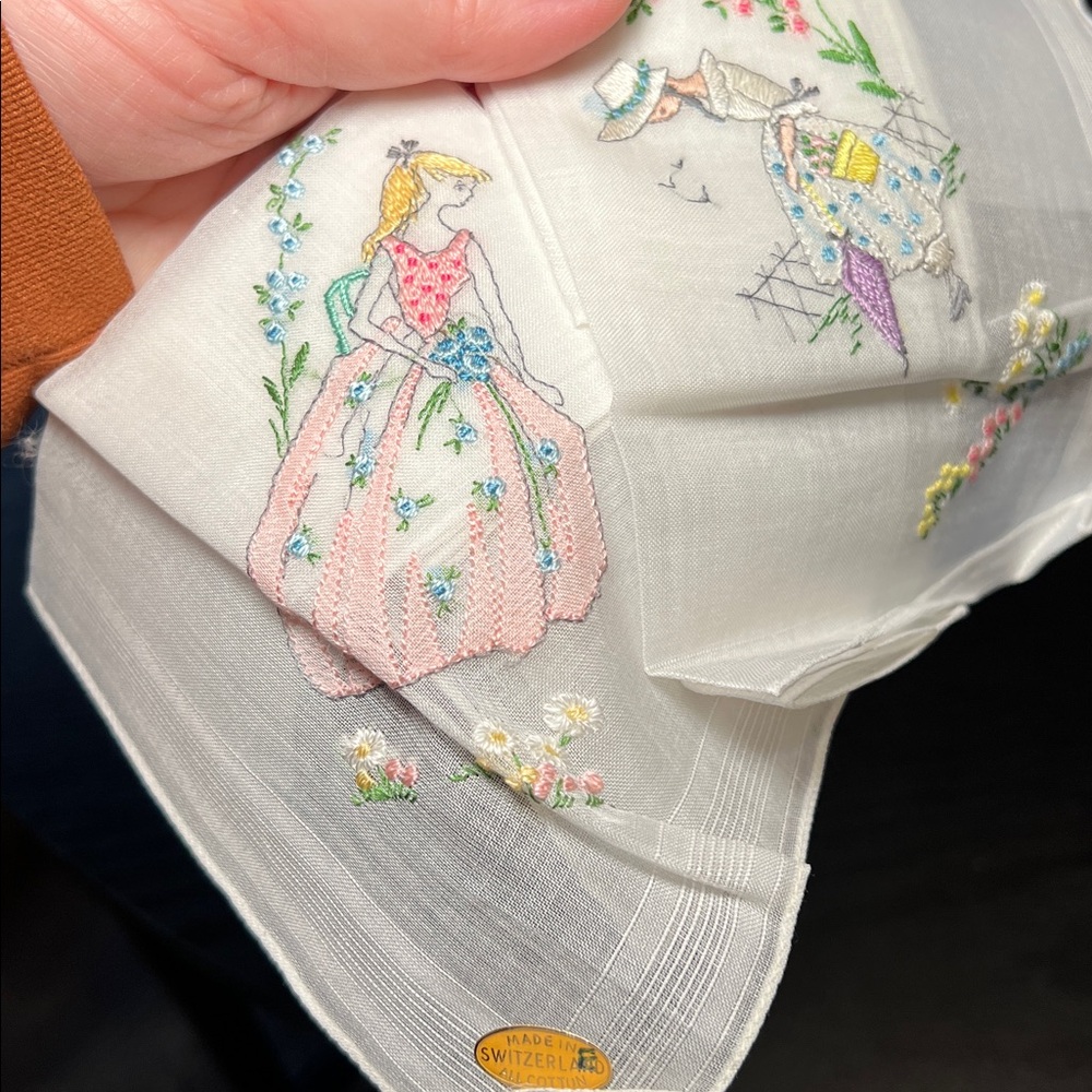 2 Vintage Swiss Lace Hand Embroidered Pastel Lady Floral Handkerchiefs Hankies